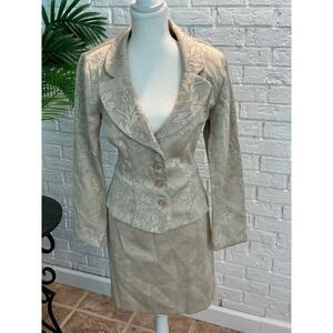 A-List by Wrapper Skirt Suit Women 9 Beige Excellent Jacquard Floral Blazer Set